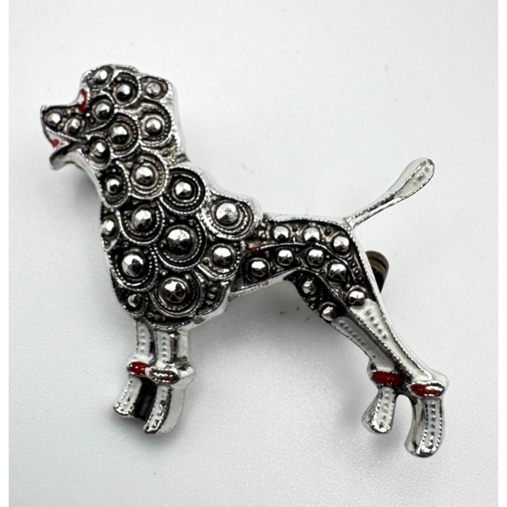 Vintage Dog Brooch Germany Marcasite Poodle  Silver Tone Clip Pin Red Eye